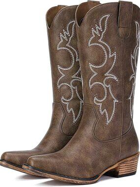 Cowboy Boots for Women - Mid Calf Cowgirl Boots Western Chunky Heel Pointed Toe